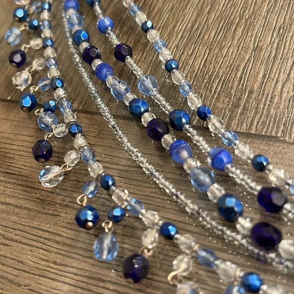 Vintage CZECH REPUBLIC 5 Strand Bib Statement Necklace Blue Cut Glass Beads - Picture 3 of 15